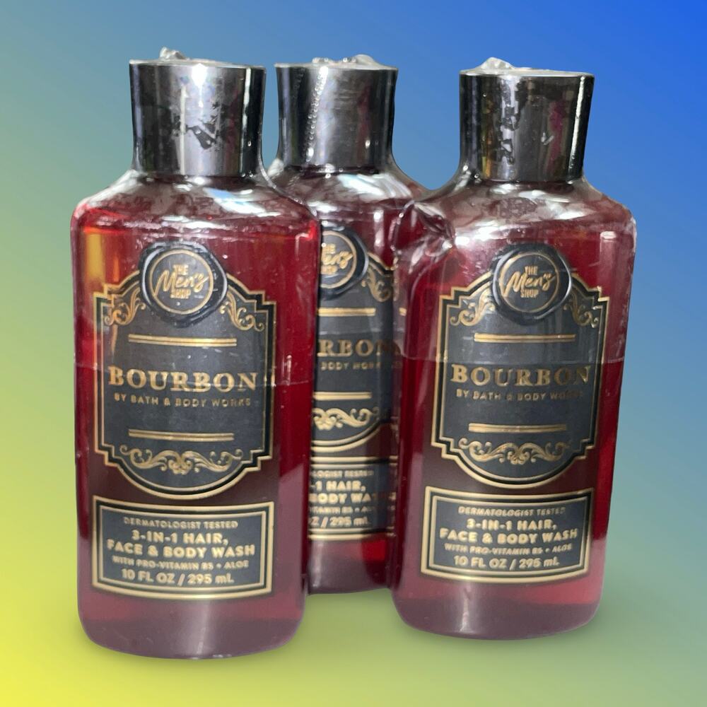 Bath & Body Works Bourbon Men's 3-in-1 Hair Face Body Wash 10oz Lot Set of 3 BBW